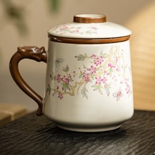 桃枝茶水分离杯陶瓷家用功夫茶主人杯女茶杯个人专用高档茶具