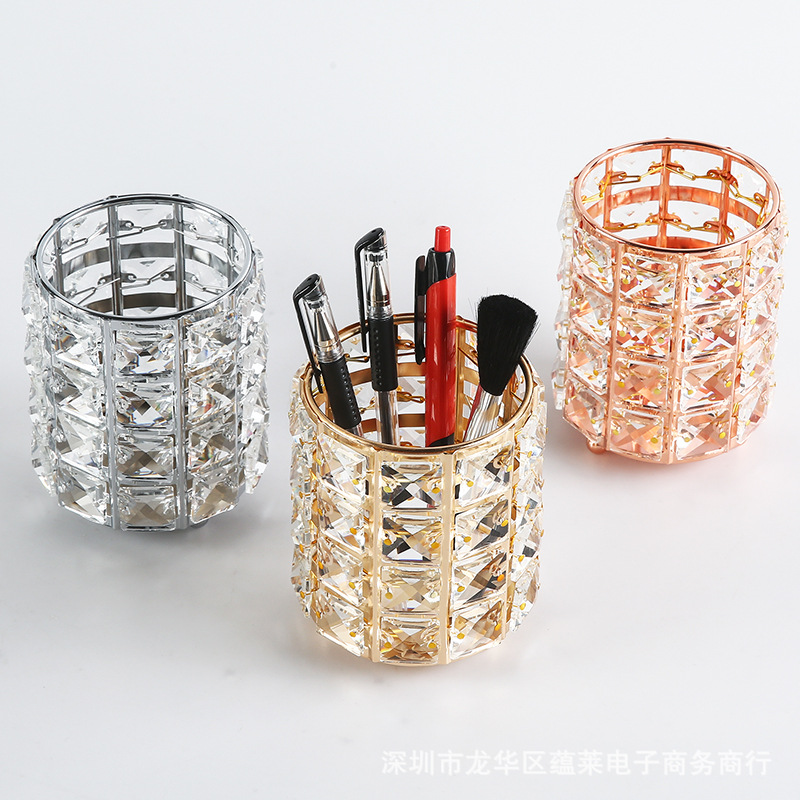 Nail Art Pen Holder Crystal Glass Storage Box European and Japanese Style Desktop Bucket Fashion Makeup Brush round Decoration Professional Tools