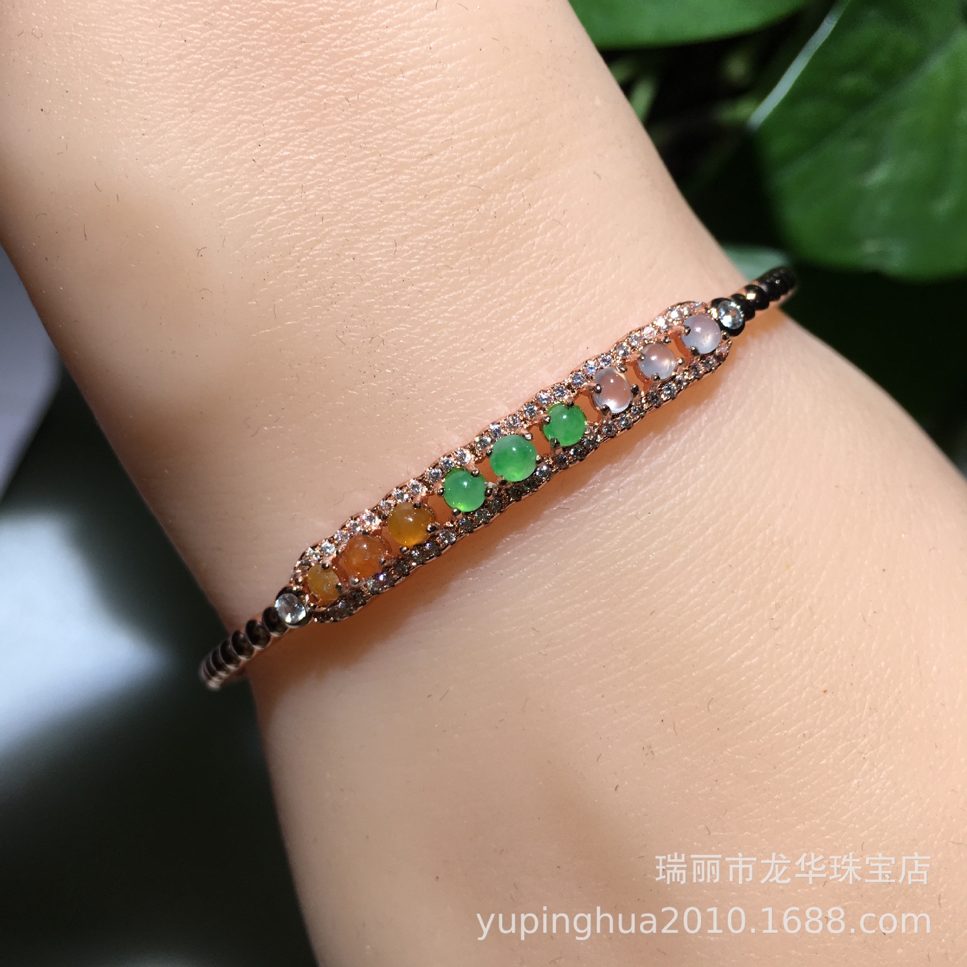 合金镀银镀金镶嵌缅甸天然冰种糯冰种彩色翡翠手镯