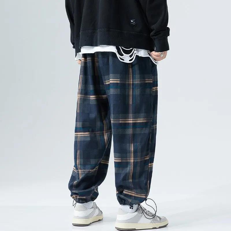 Fat Man Japanese Style Plaid Sports Jogger Pants Men's plus-Sized plus Size Loose All-Match Cropped Straight Pants Casual Pants