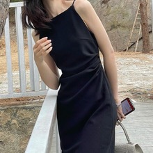 无袖长款小黑裙法式复古黑色吊带连衣裙女夏赫本风气质显瘦感
