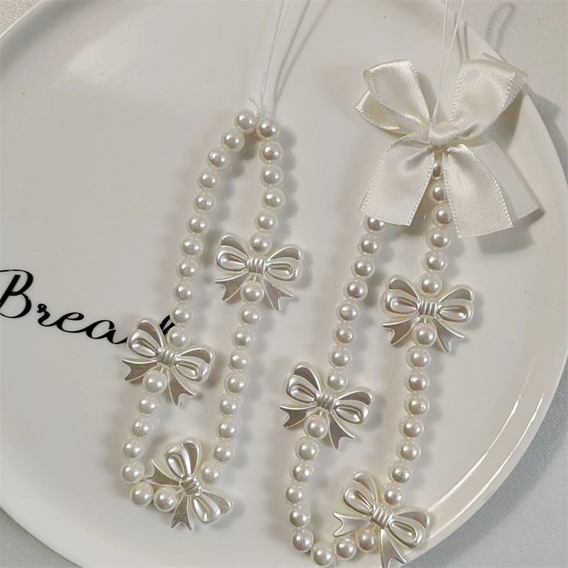 自制韩国ins白色蝴蝶结diy串珠手机链手机壳防丢手机挂绳短款链女