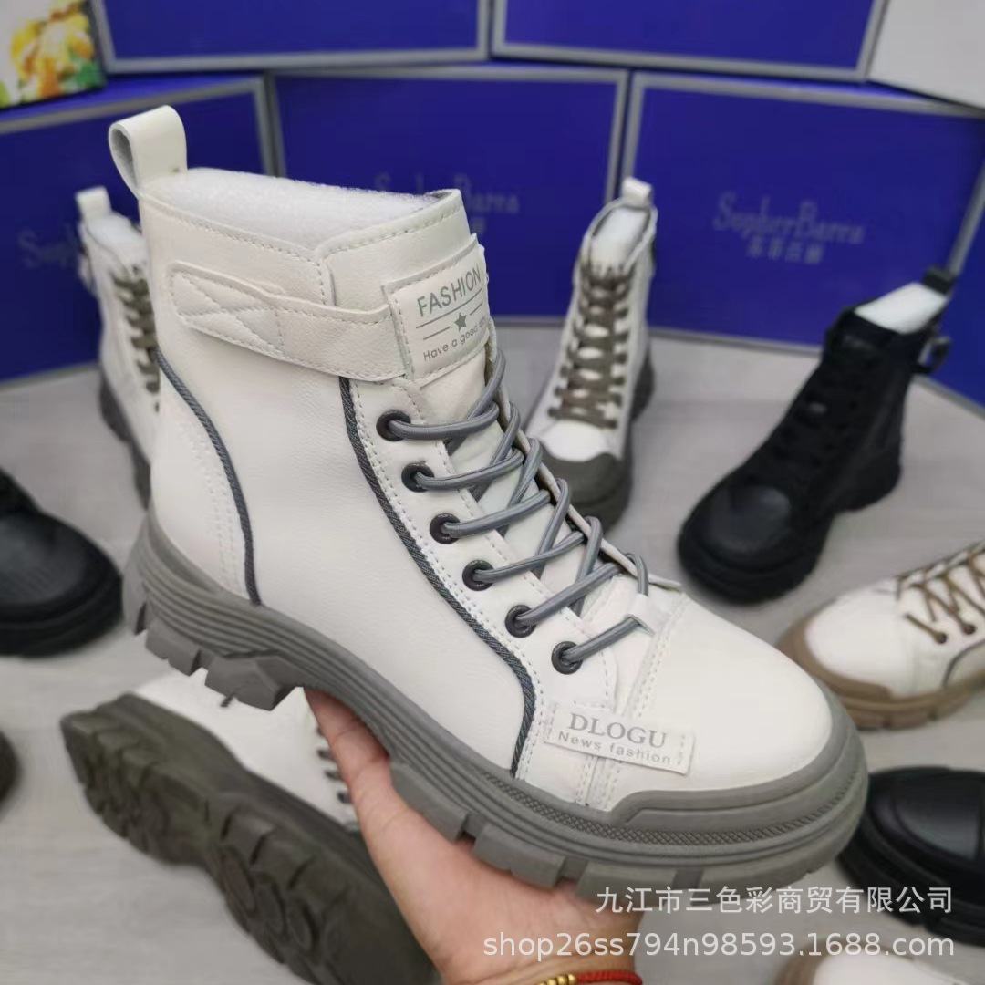 Street Vendor Shoes Wholesale Miscellaneous Martin Single Boots Autumn and Winter New Leather Female Middle Length Cotton Tube Boots Inventory Processing First-Hand Supply