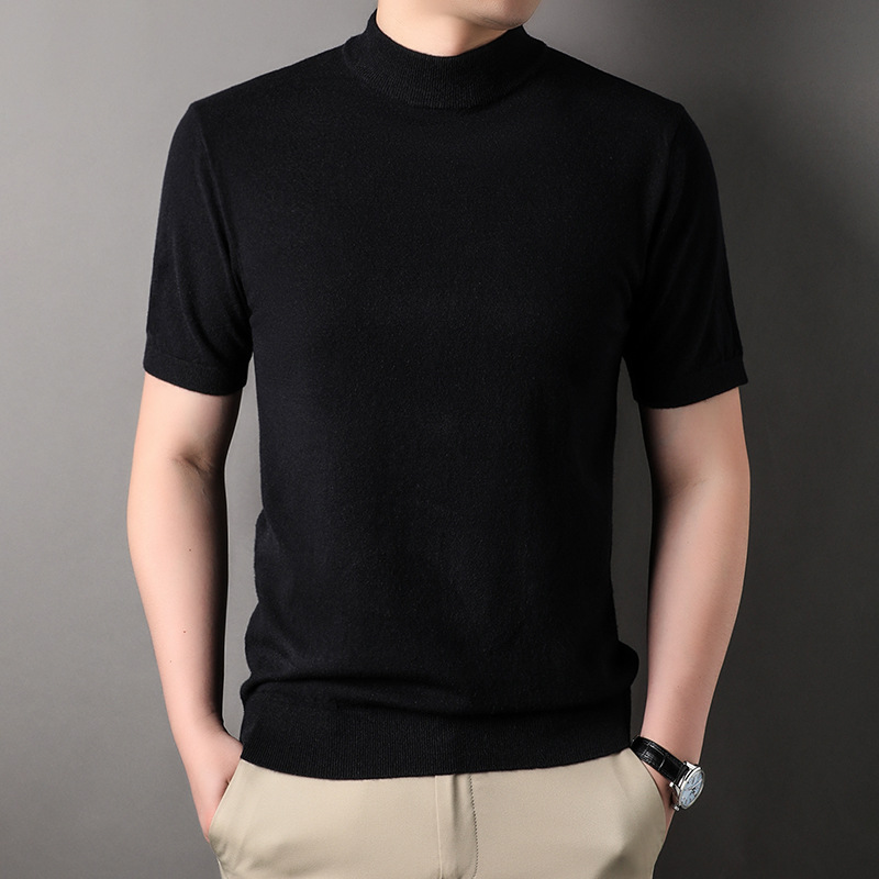 Men's Short-Sleeved Sweater 2023 Autumn and Winter New Pure Color Young and Middle-Aged Bottoming Casual Half-Sleeved Turtleneck Sweater Men's Clothing