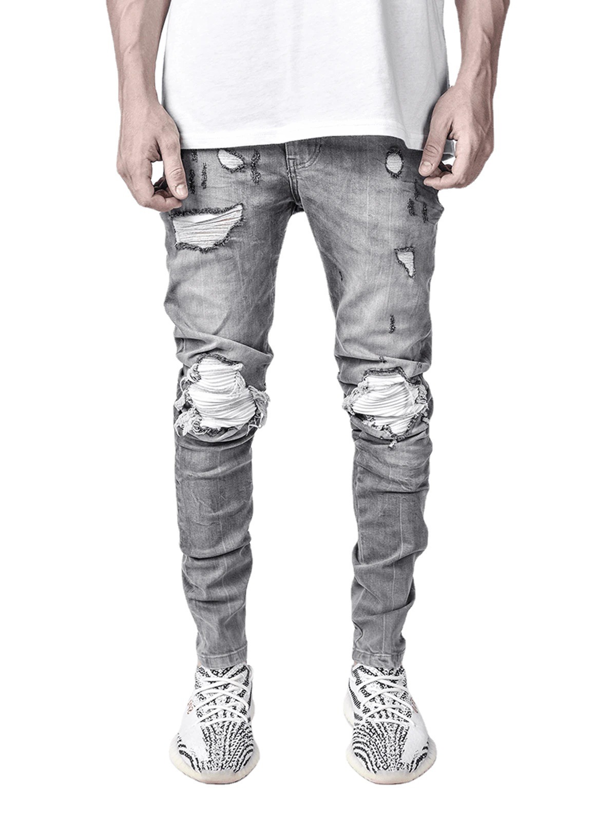 European Station Ins Trendy Men's Stretch Denim Skinny Pants Cross-Border Foreign Trade Motorcycle Ripped Black Jeans Men