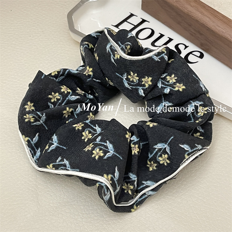 French Fabric Floral Large Intestine Hair Band Simple Advanced Retro Printed Hair Rope Temperament Hair Rope All-Match Rubber Band Headdress