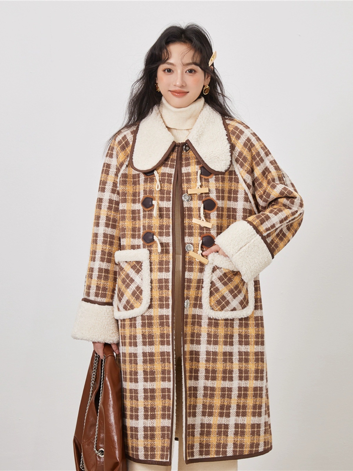 复古法式氛围感黄格子仿皮毛一体外套女冬粗花呢大衣2023-阿里巴巴