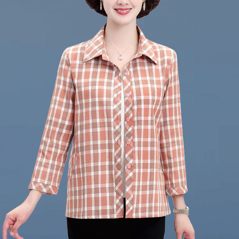 妈妈中老年衬衫女士春秋长袖格子衬衣夏装全棉上衣宽松外套-阿里巴巴