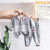 Children's clothing suit Children stripe Lapel POLO Half cardigan Sweater Solid trousers spring and autumn leisure time Two piece set