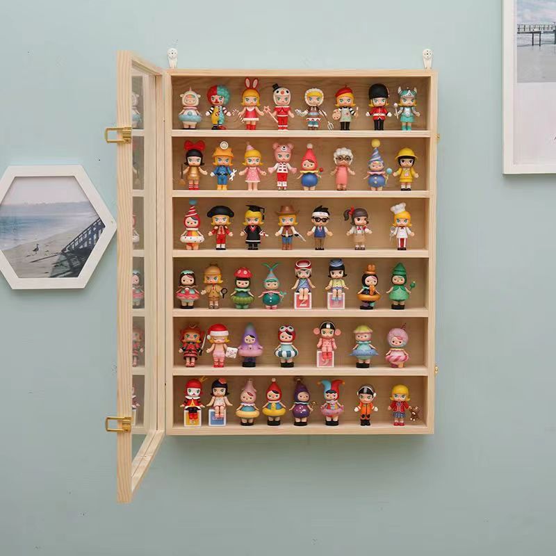 Wooden Blind Box Storage Box Pop Mart Display Cabinet Jasmine Biqi Doll Handmade Toy Hinge Storage Box