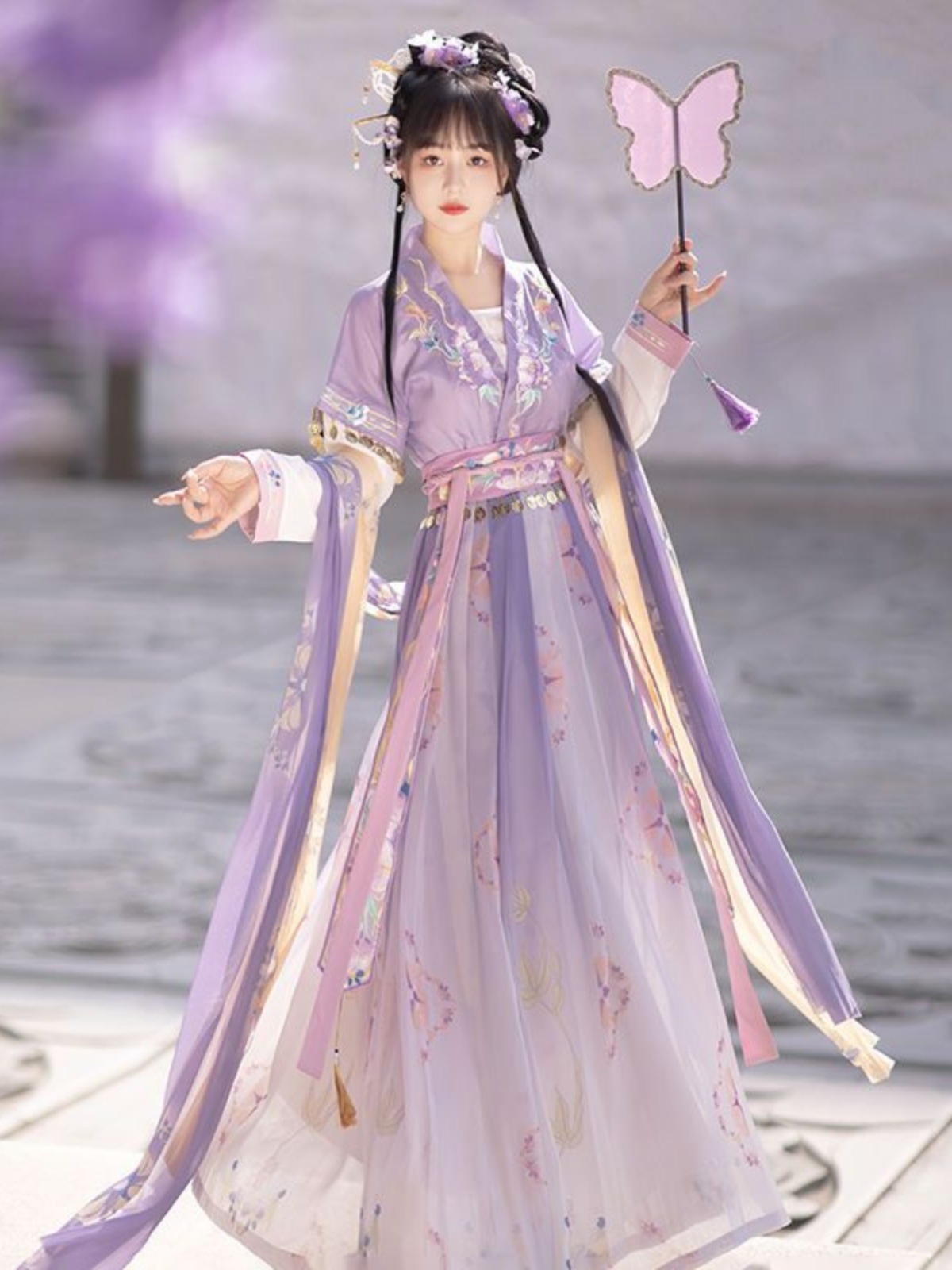 夏季新款魏晋仙气齐腰襦裙女汉服国风公主交领褙子小个子演出服