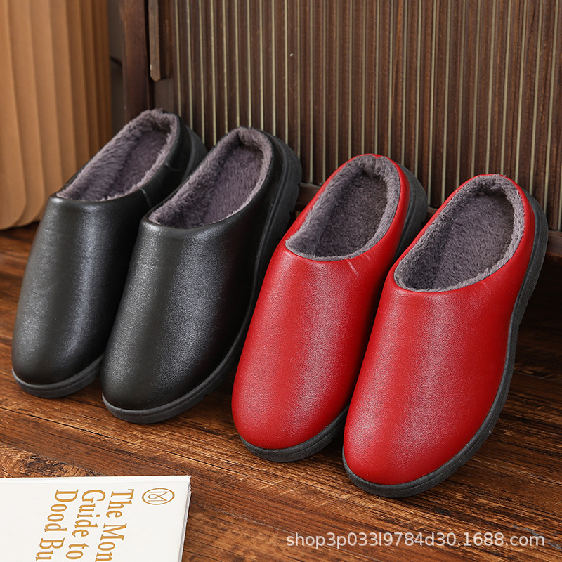 2022 Fleece-lined Thick Leather Cotton Slippers Couple Slippers Fashion Casual All-Match Solid Color Non-Slip Wear-Resistant Women's Men