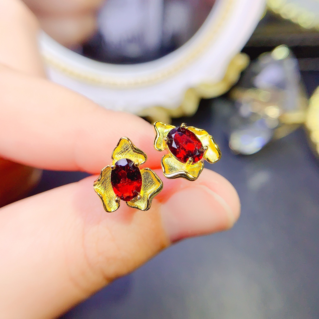 新款石榴石耳钉复古工艺935银空托 5*7mm 一件代发-阿里巴巴