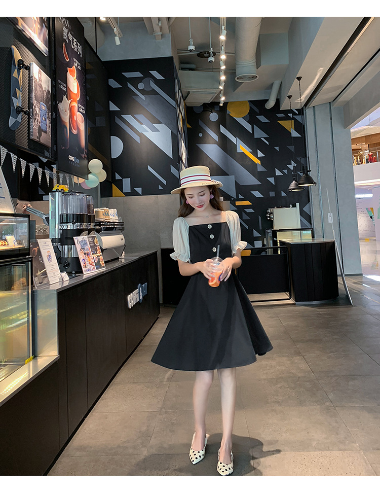 连衣裙女2020新款夏网红同款流行显瘦一字领裙中长裙