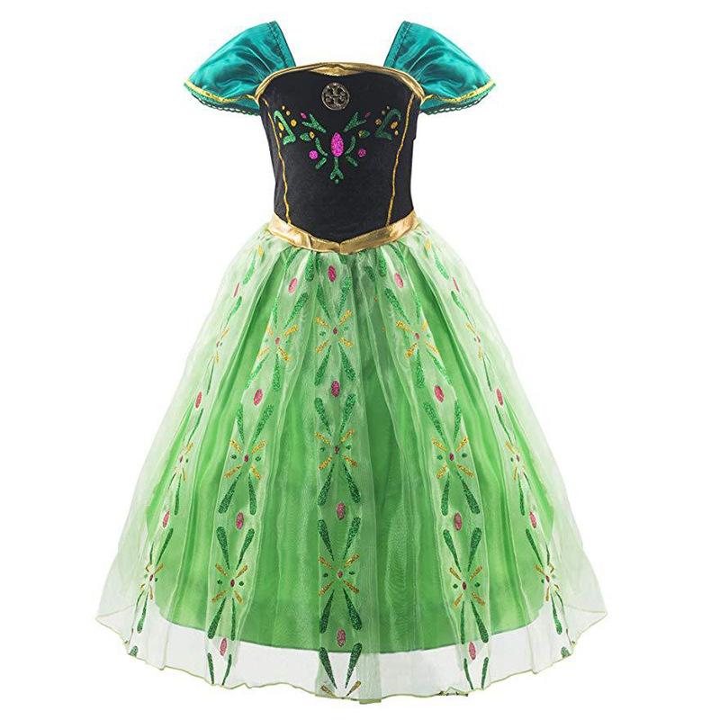 欧美绿色安娜公主裙冰雪奇缘女童压折连衣裙卡通女童爆款连衣裙