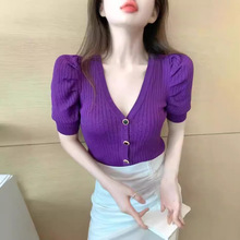 冰丝针织开衫女2024夏款泡泡袖低胸v领t恤外穿短款修身女士短袖女