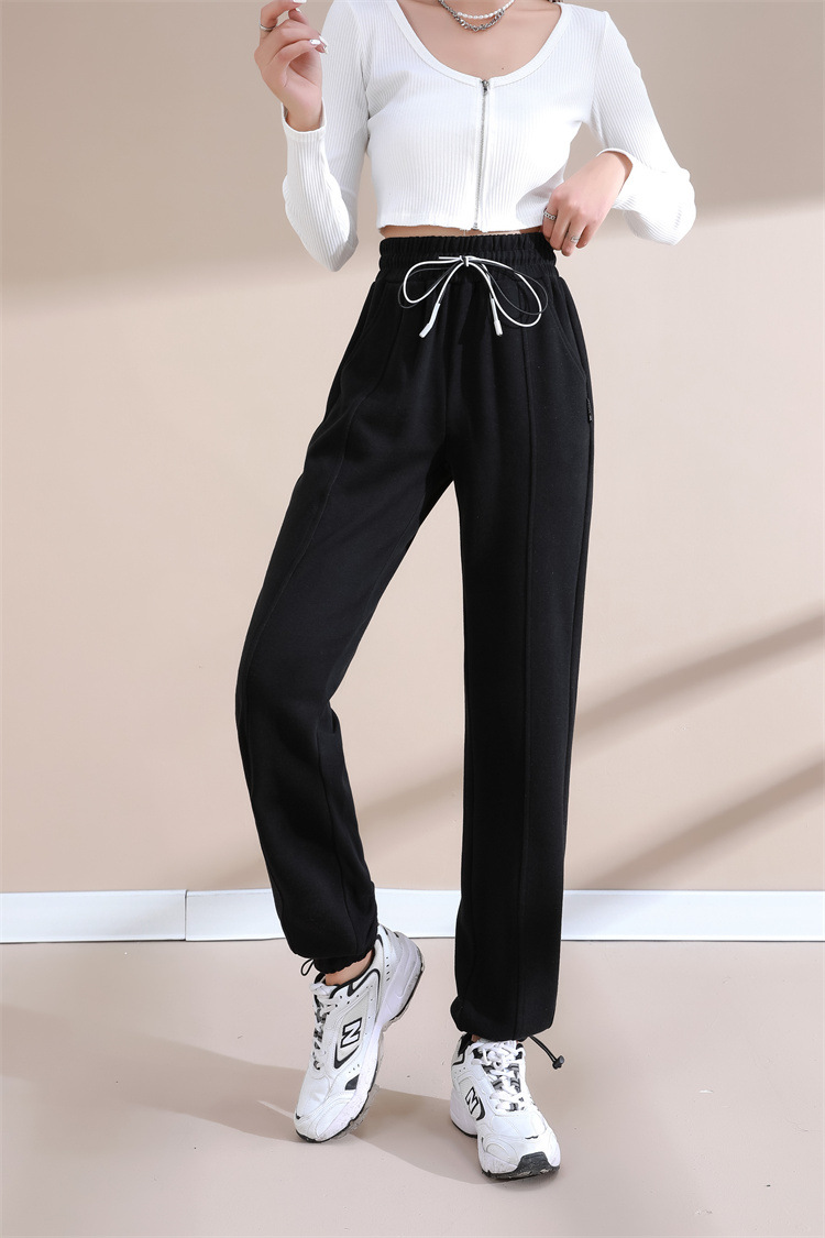 黑色运动裤女宽松束脚春秋新款裤子高个子大码哈伦裤休闲加长卫裤