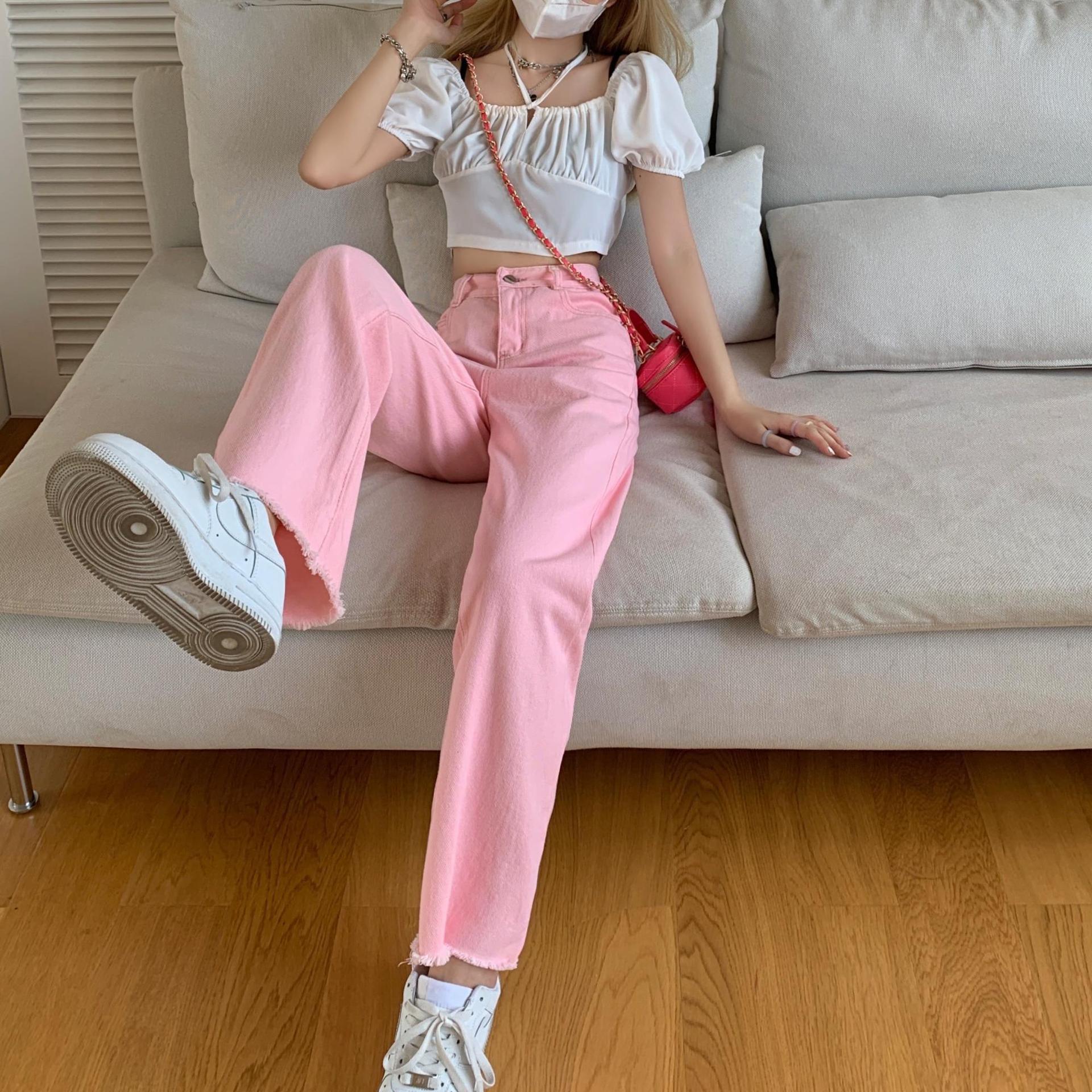 Korean Style Spring and Summer New Women's Soft Girl Embroidered Pink Wide Leg Jeans High Waist Figure Flattering Straight-Leg Pants Frayed Edges