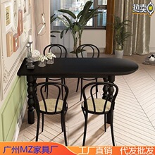 法式复古黑色实木餐桌桌椅组合样板间大理石餐桌椭圆形中岛台桌子