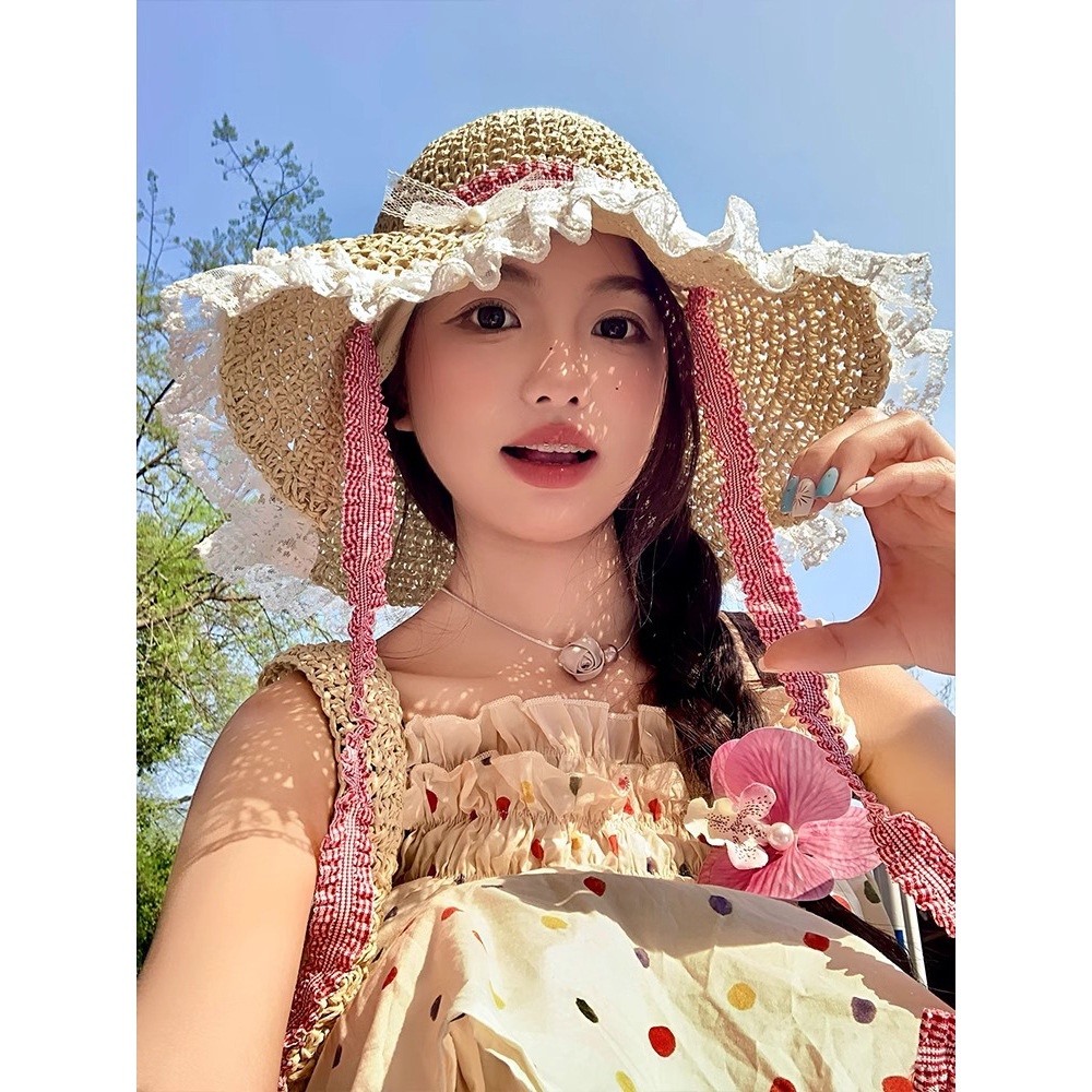 珍珠蝴蝶结蕾丝草帽女夏季海边沙滩度假遮阳帽大帽檐显脸小帽子潮
