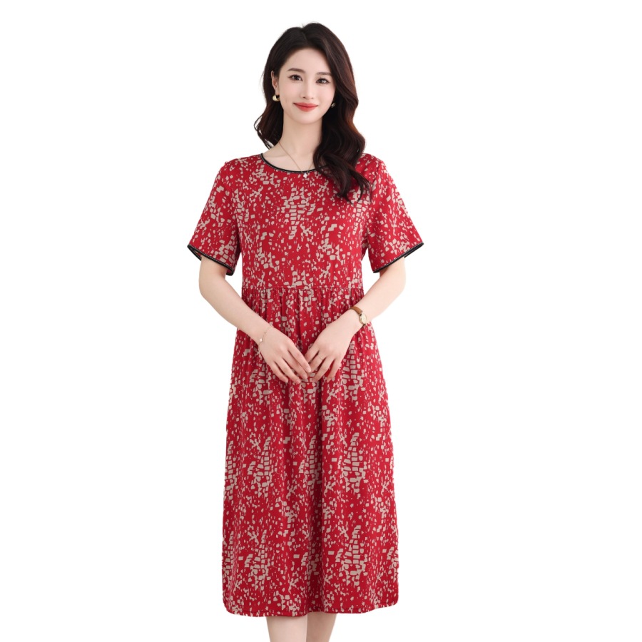 春夏季新款大红碎印花连衣裙大码宽松中老年人妈妈装提高腰家居服