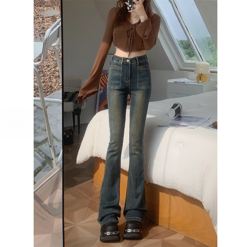 Retro Cement Gray Skinny Jeans Women's High Waist 2023 Autumn New Elastic Skinny Slimming Mopping Floor Bell-Bottom Pants