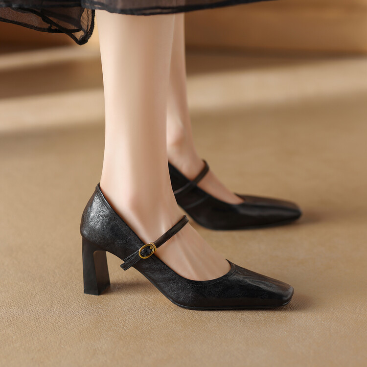 优雅女鞋秋冬季新款鞋子方头粗跟高跟鞋搭扣玛丽珍鞋正装宴会单鞋
