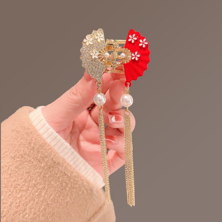 新中式水钻扇子珍珠流苏发夹后脑勺半扎发抓夹古风发卡汉服头饰女