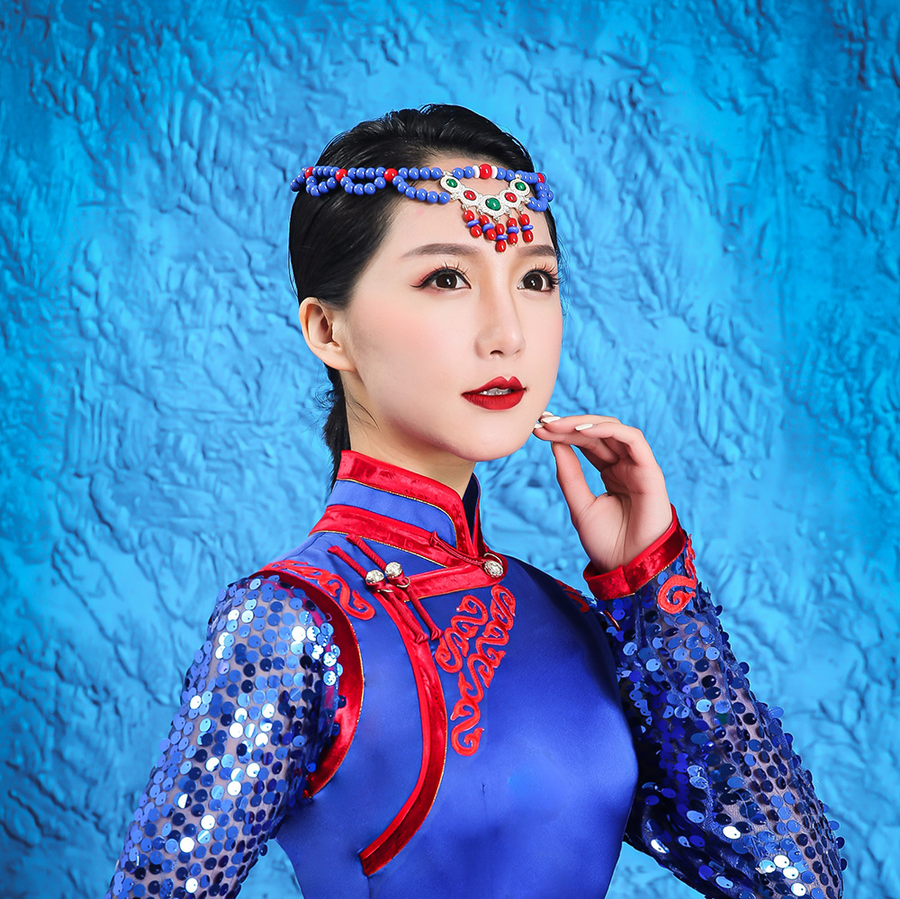 新款头饰蒙古族民族舞蹈服饰蒙古袍红色儿 童珠珠帽饰婚礼演出