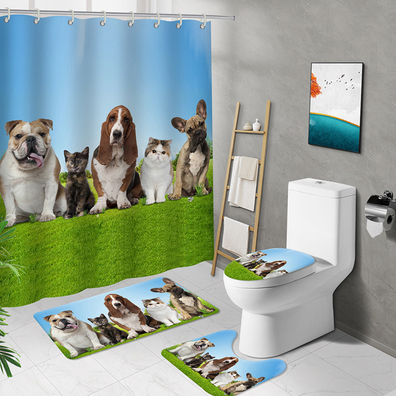 2023 New Hot Sale Animal Printing Shower Curtain Four-Piece Set Cute Cat Pattern Printing Polyester Waterproof Shower Curtain