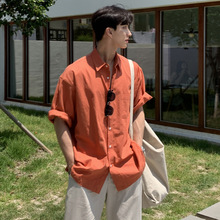 夏季橘色短袖衬衫上衣t恤男宽松美式设计感百搭韩国东大门潮男装