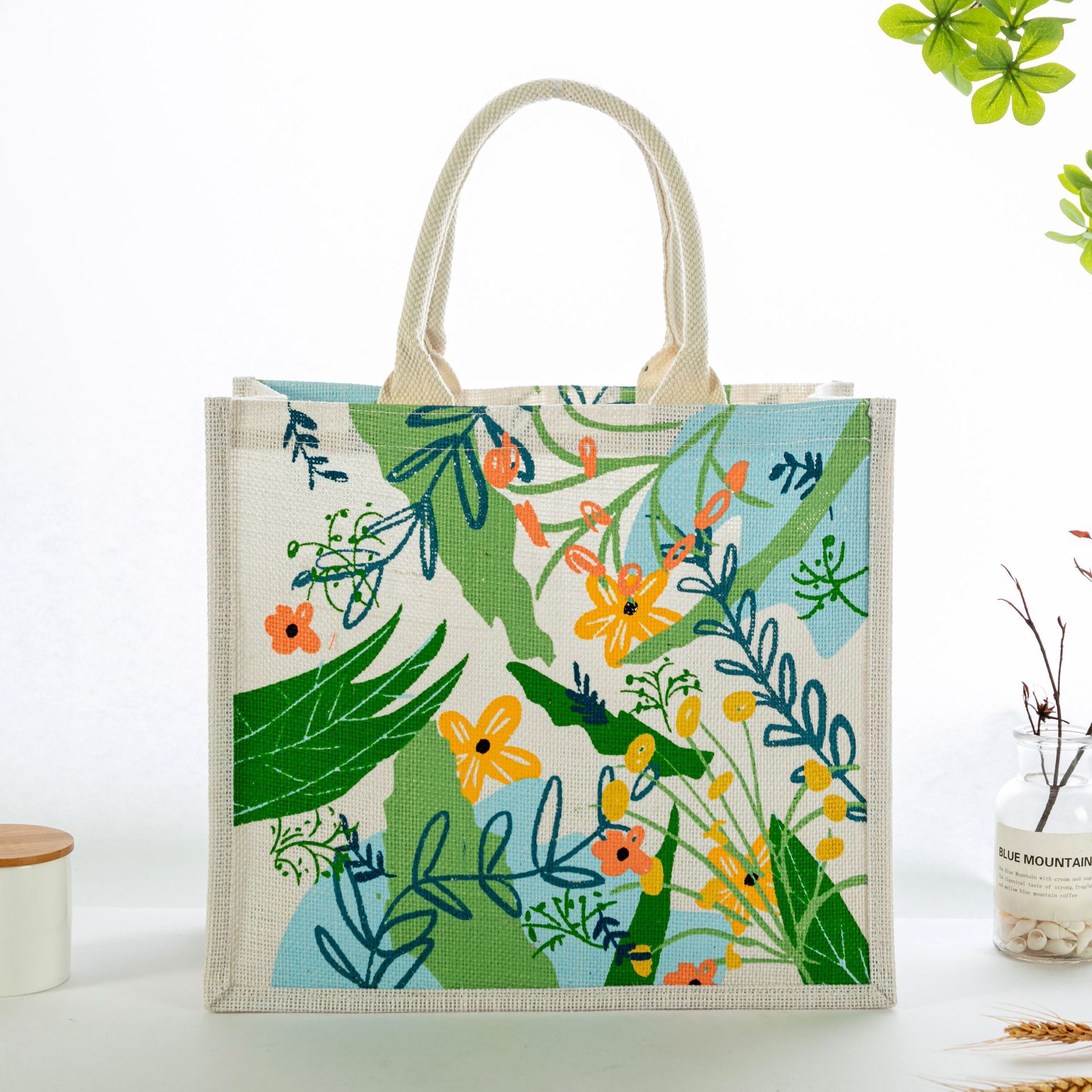 时尚简约麻布手提袋女亚麻印花大容量卡通环 保购物袋旅游便当包