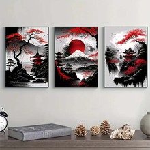 日本风景帆布画复古水墨艺术墙客厅卧室家居装饰黑色和红色海报