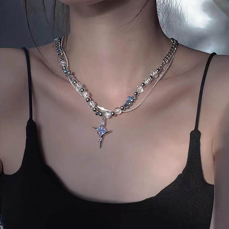 New Irregular Ice Crack Bead Cross Necklace Stitching Titanium Steel No Fading Men and Women Niche Design Clavicle Chain