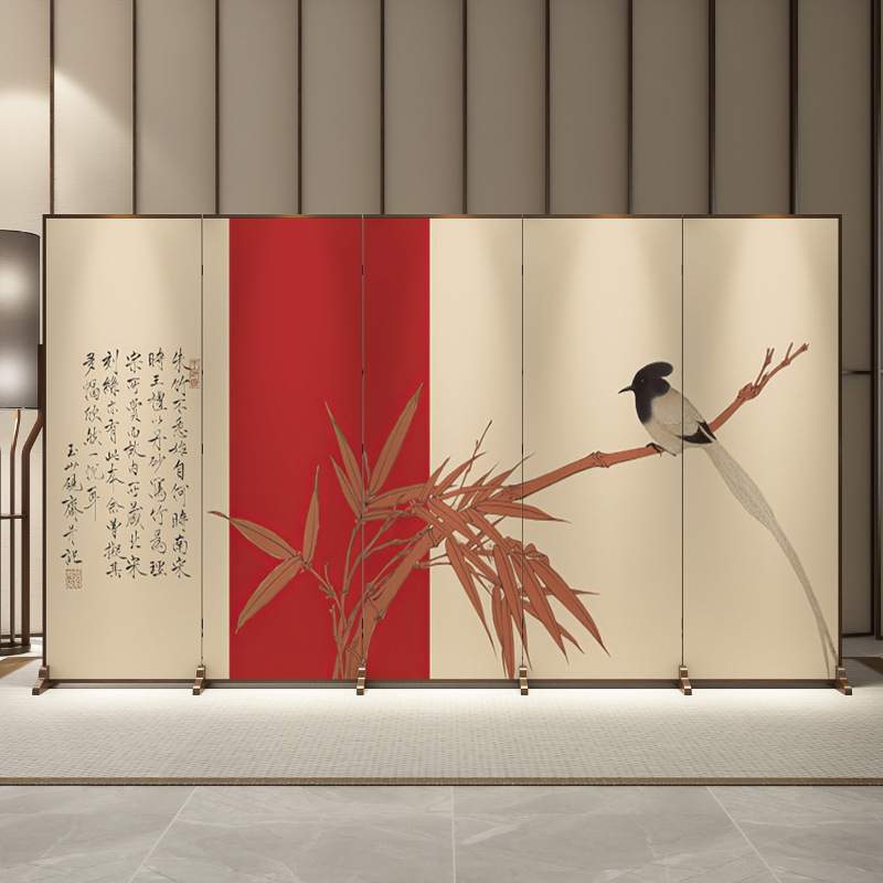 新中式屏风隔断可简约工笔花鸟玄关客厅餐厅遮挡家用移动折屏