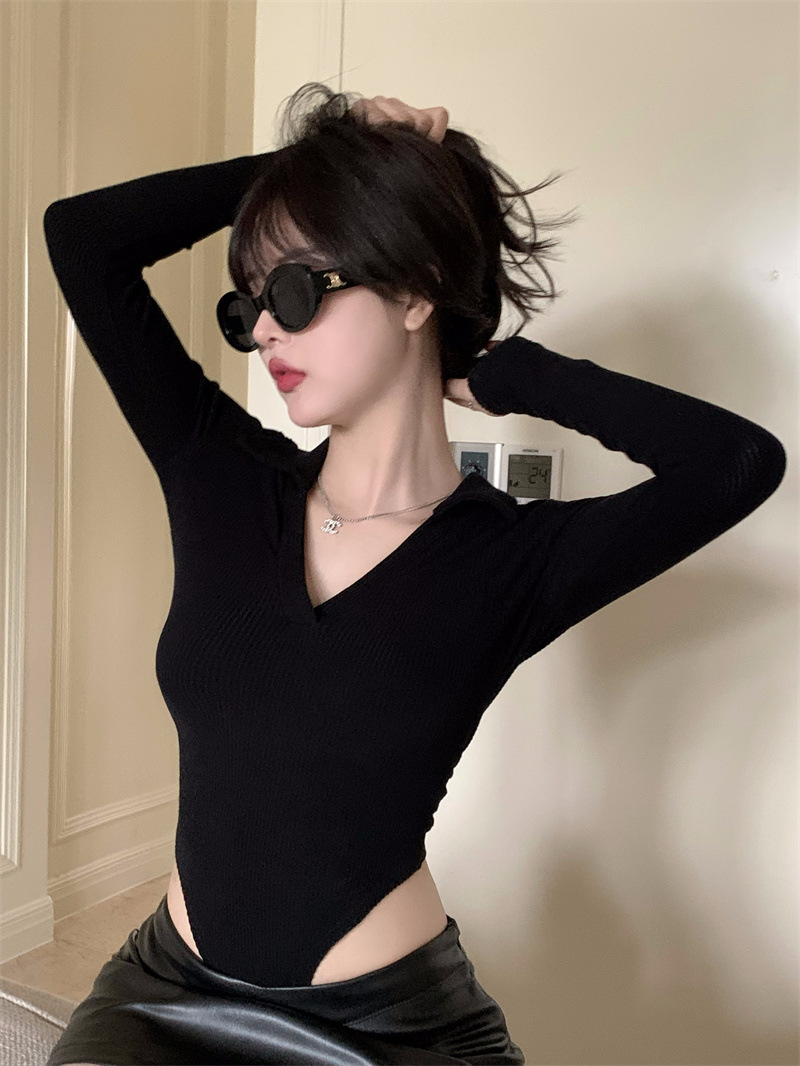 实拍2022性感深v长袖连体衣显瘦v字腰开叉短裙套装