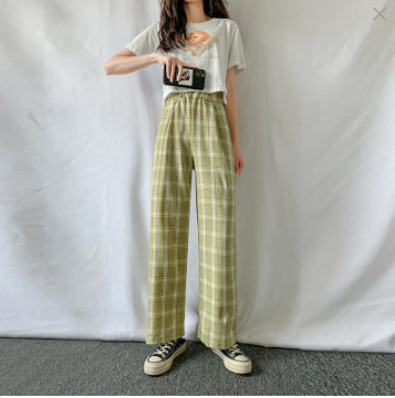 Summer Stall Ice Silk Plaid Pants Straight Drooping Trousers Thin Loose Casual Pants High Waist Lattice Loose Pants Women