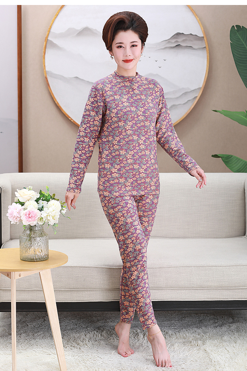 中老年大码印花徳绒保暖套装女士半高领宽松秋冬加绒妈妈装批发详情15