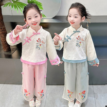 2024春装新款女童刺绣汉服套装小童中国风复古长袖民族唐装两件套