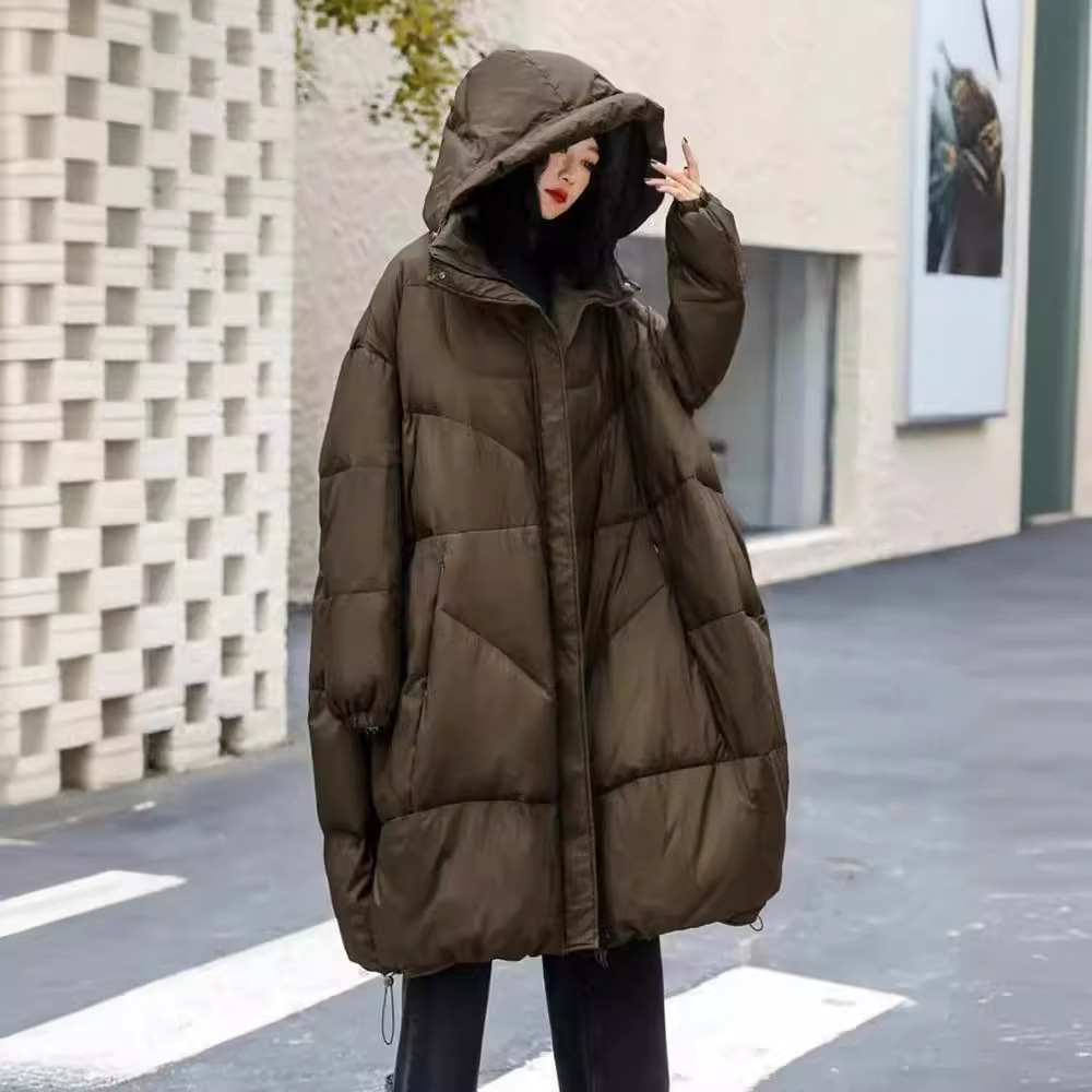 2024冬新款韩版加厚宽松羽绒服女连帽休闲大码长款过膝白鸭绒外套