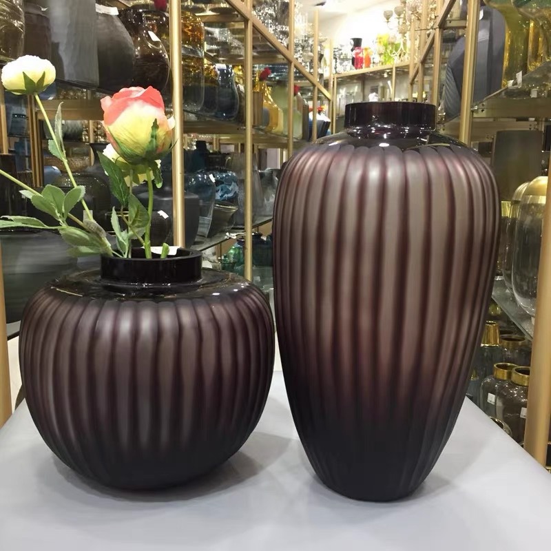 紫色手工摩刻条纹圆口大肚玻璃花瓶落地大花瓶家居装饰花器摆件