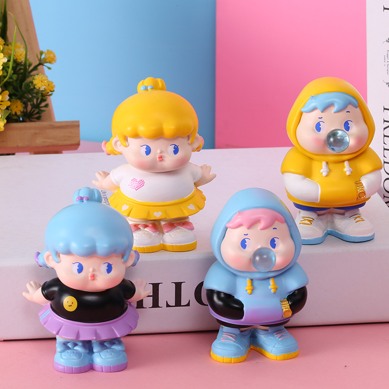 甜酷情侣盲盒手办吹泡泡男孩公仔桌面树脂摆件毕业情人节礼物女生