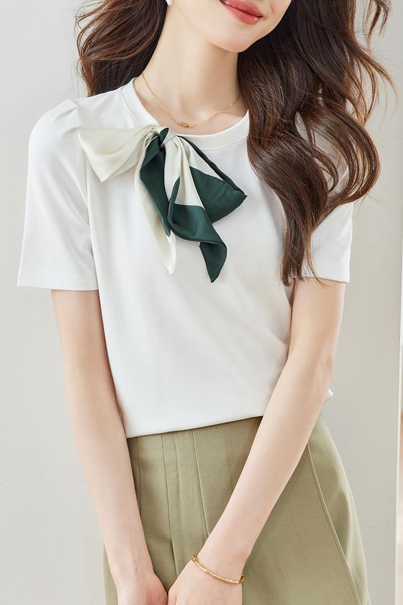 实拍◆有现货◆2024夏新款白色薄款丝巾女t恤设计感小众显瘦上衣