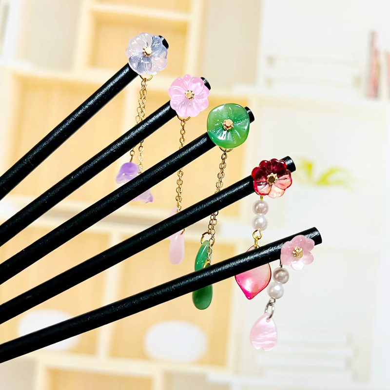 古风发簪步摇流苏花朵琉璃发钗子复古盘发汉服发饰古装挽发饰品女