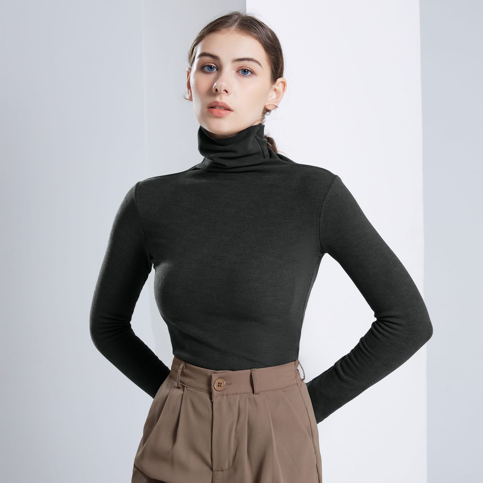 Winter Dralon Fleece-Lined Thickened Women's Turtleneck Bottoming Shirt Silk Protein Skin Bottom Thermal Underwear Push Collar Autumn Clothes