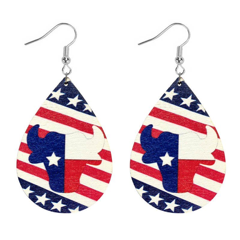 Cross-Border Hot Sale American Independence Day Water Drop Earrings Eagle Maple Leaf SUNFLOWER Five-Pointed Star New Wooden Earrings