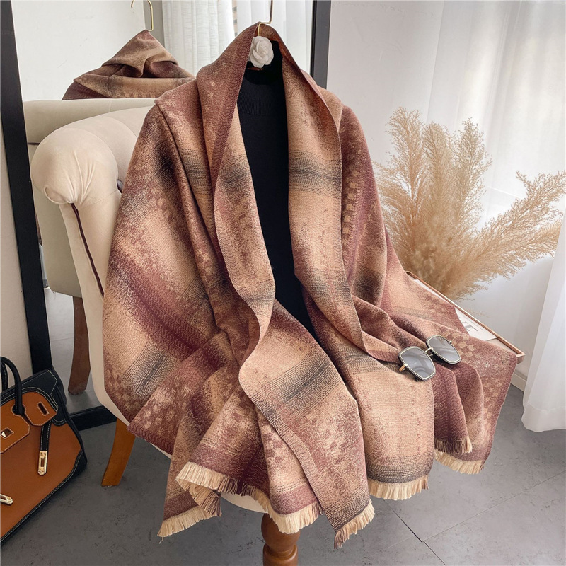 New Fashion Gradient Color Artificial Cashmere Scarf Women's Winter Transition Color Thickened Double-Sided Air Conditioning Shawl Scarf Outer Wear