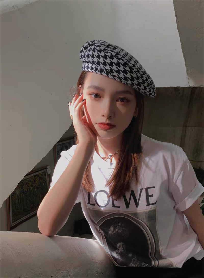 秋冬英伦百搭大千鸟格纹贝雷帽金智妮jennie同款经典平顶画家帽子