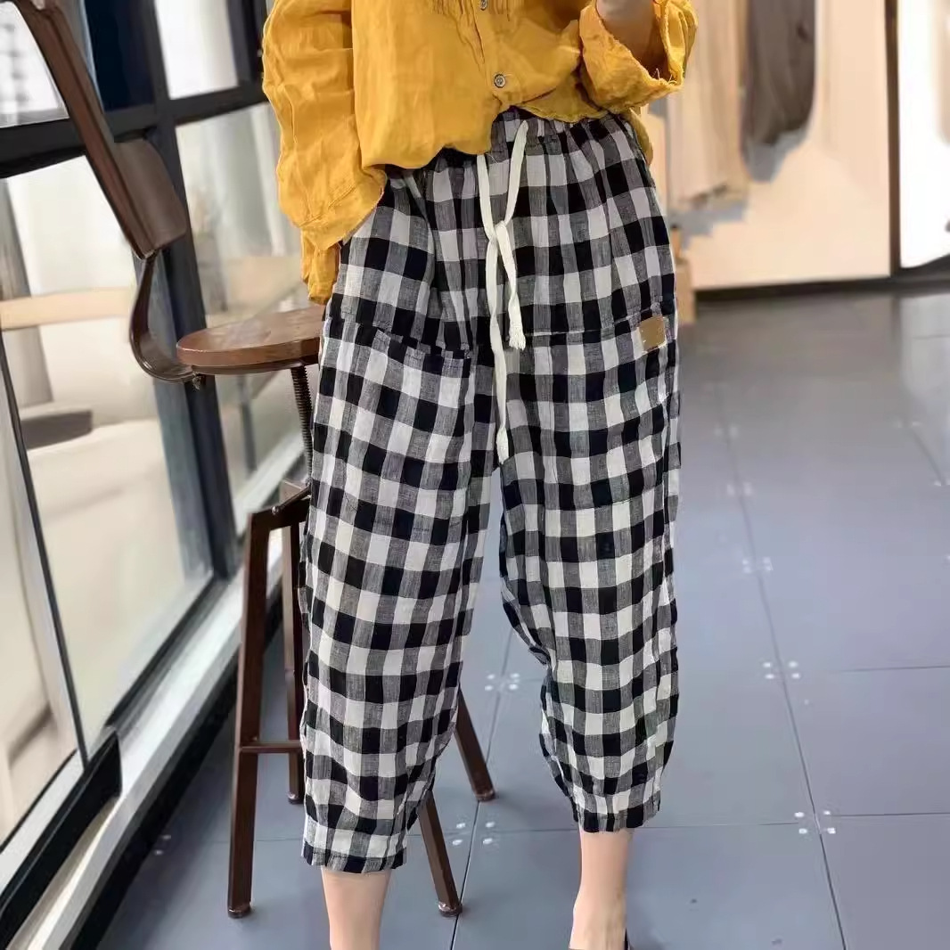 2024夏季韩版减龄宽松显瘦松紧腰格子哈伦裤百搭休闲简约九分裤女