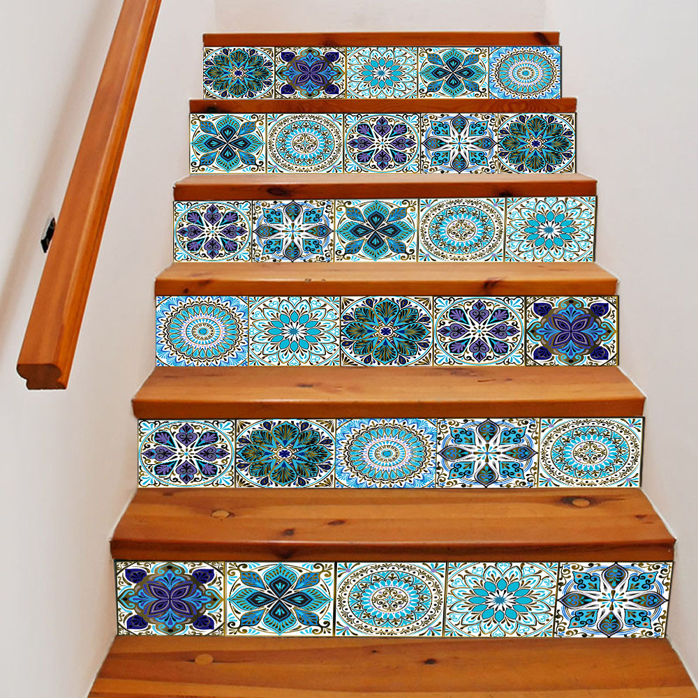 6片装曼陀罗图案楼梯墙贴自粘可移除楼梯踏步翻新装饰贴画